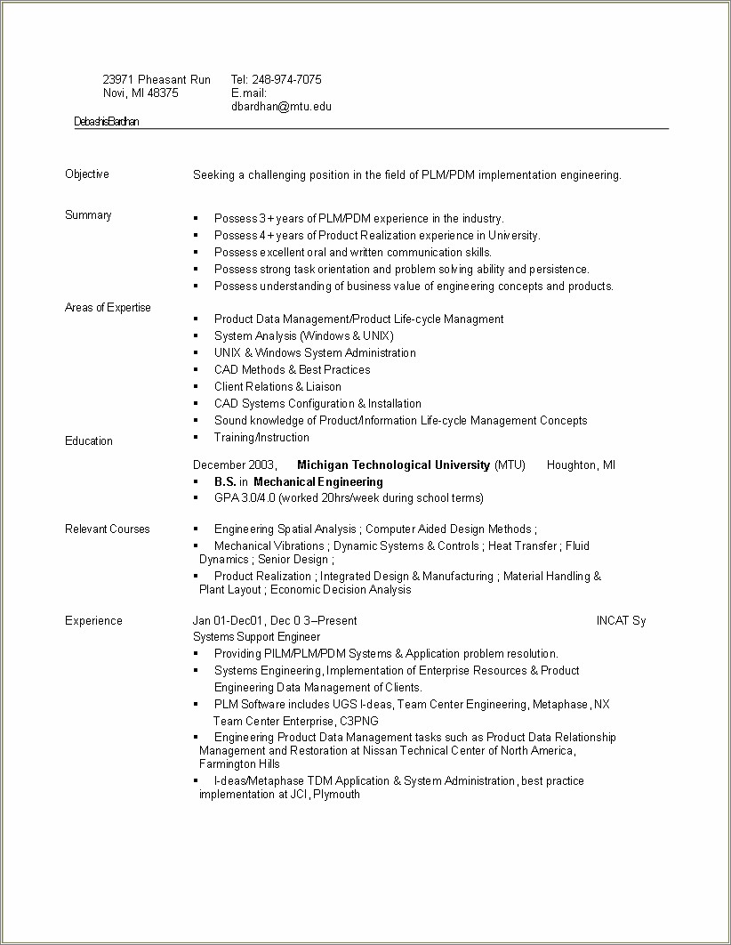 Sample Entry Level Engineer Resume