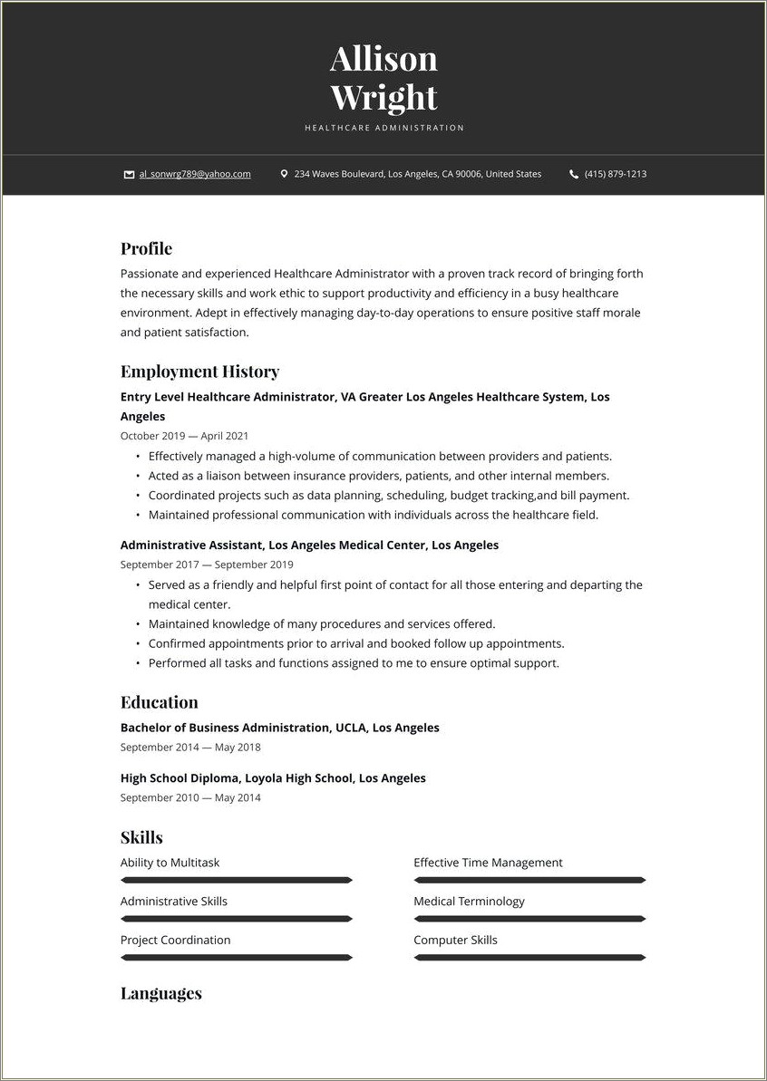 Sample Entry Level Healthcare Administrator Resume