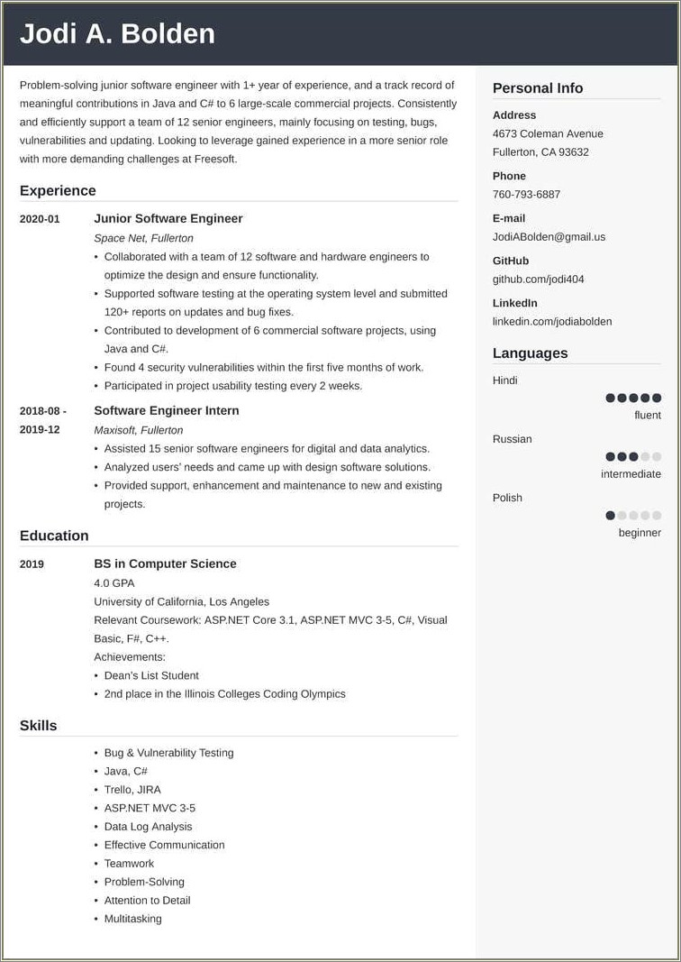 Sample Entry Level Java Developer Resume