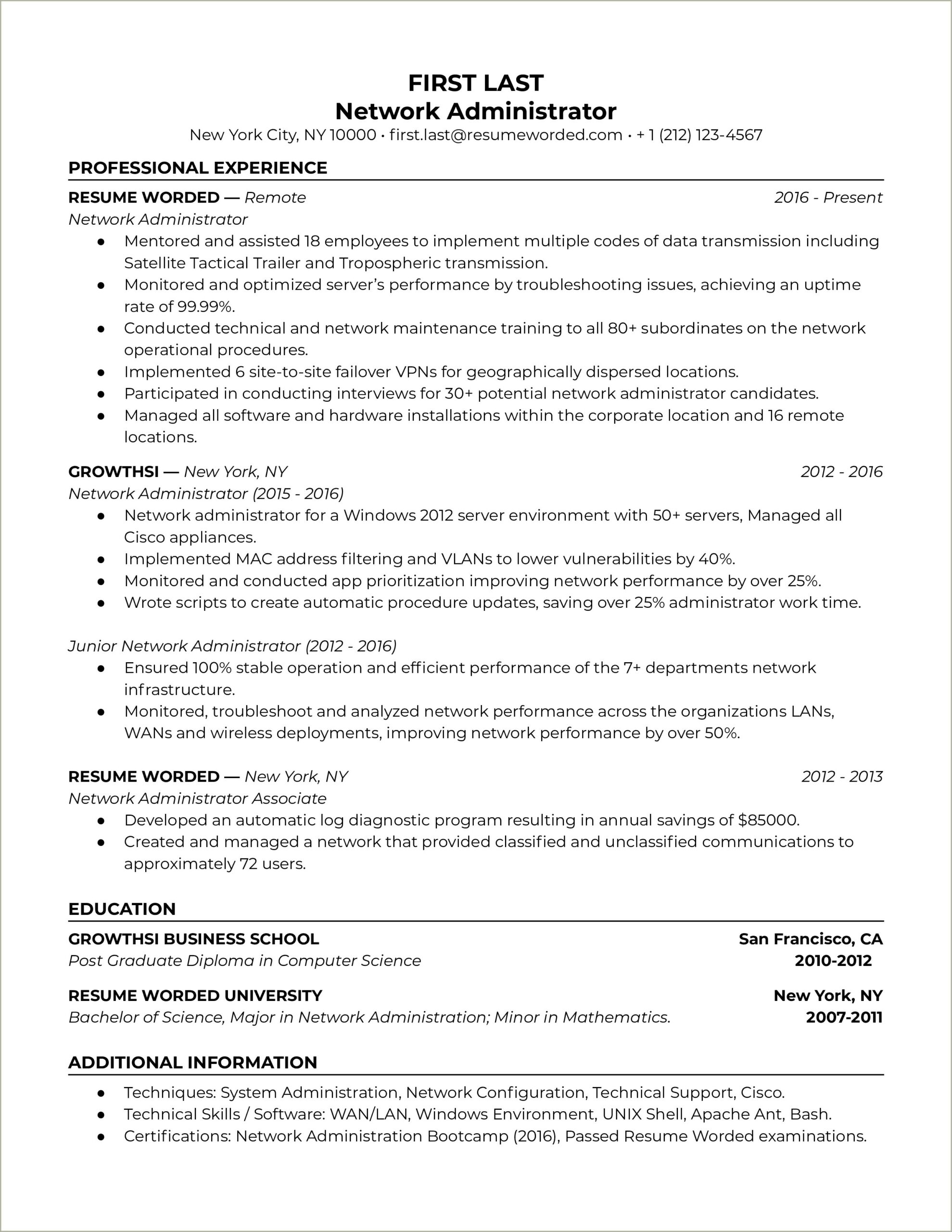Sample Entry Level Network Administrator Resume