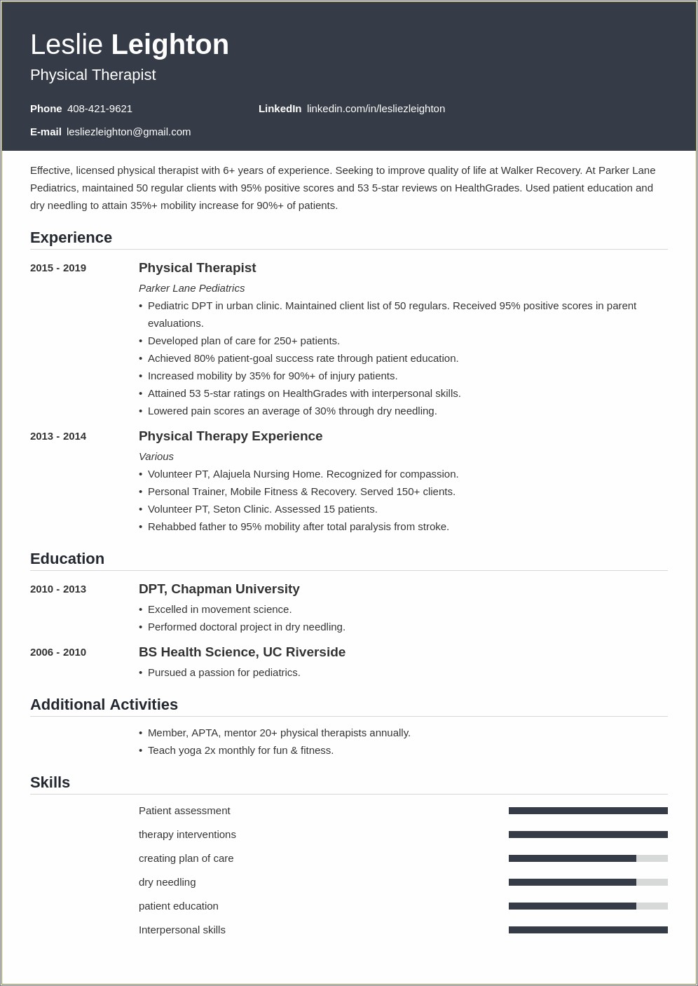 Sample Entry Level Physical Therapy Resume