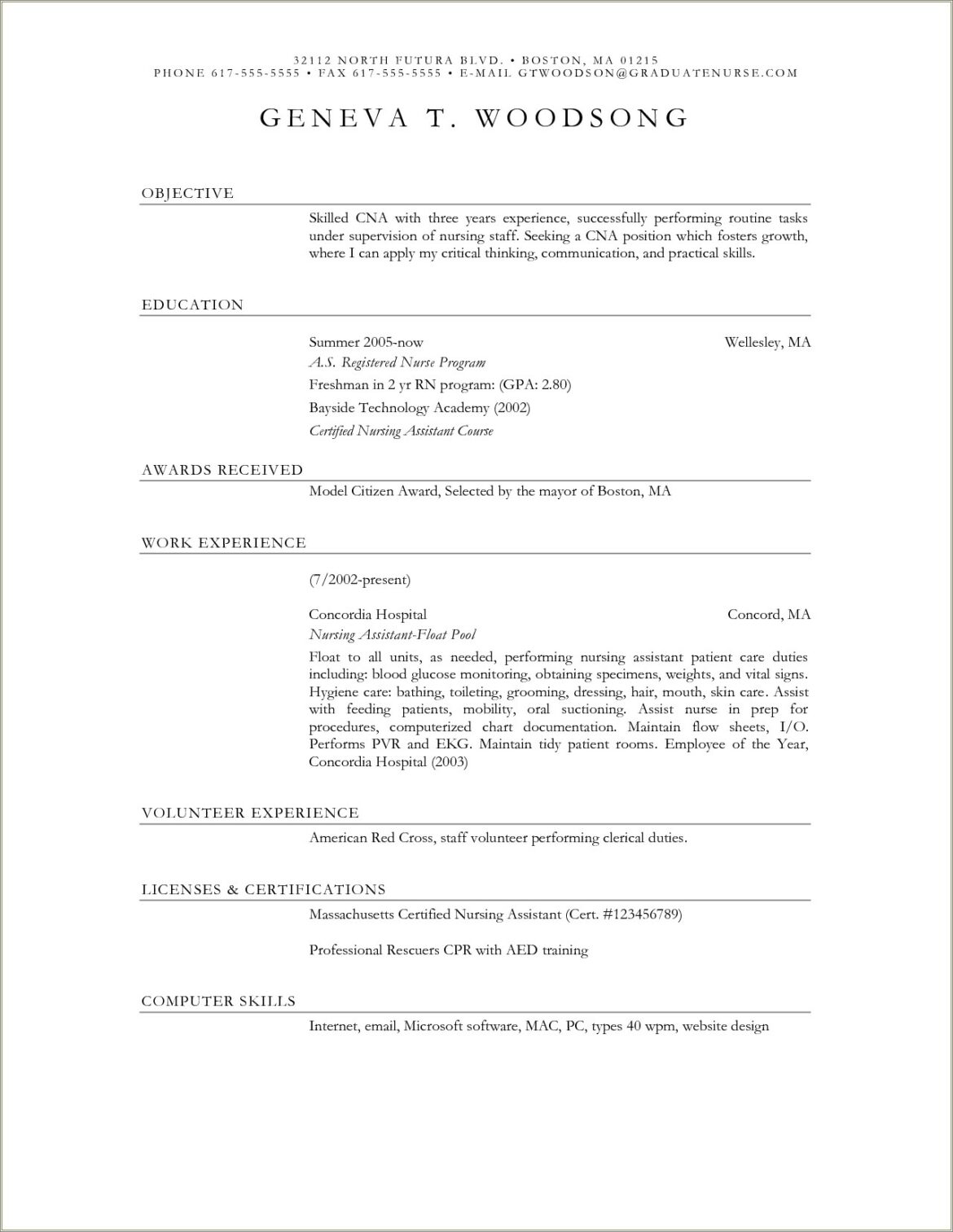 Sample Entry Level Resume For Cna