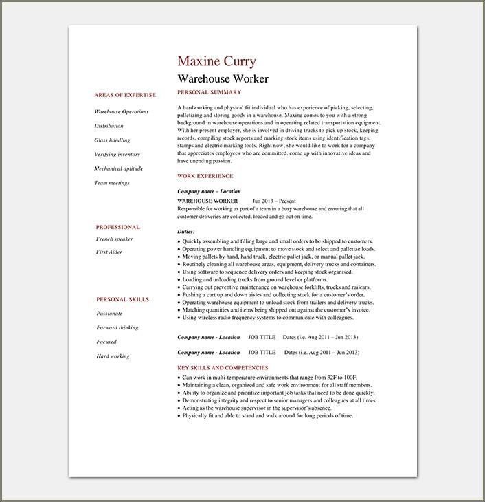 Sample Entry Level Warehouse Worker Resume