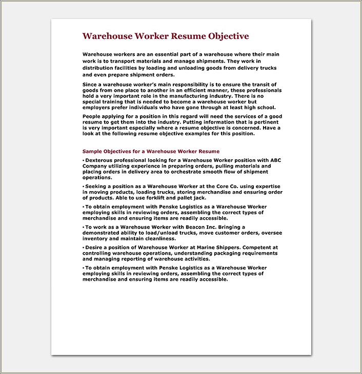 Sample Entry Warehouse Assembler Resume Ms Word