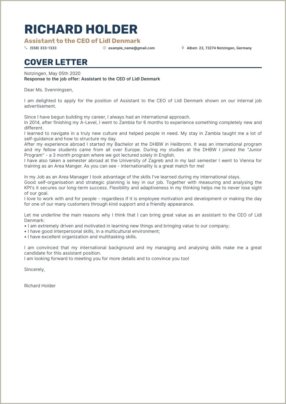 Sample Executive Assistant Resume Cover Letter