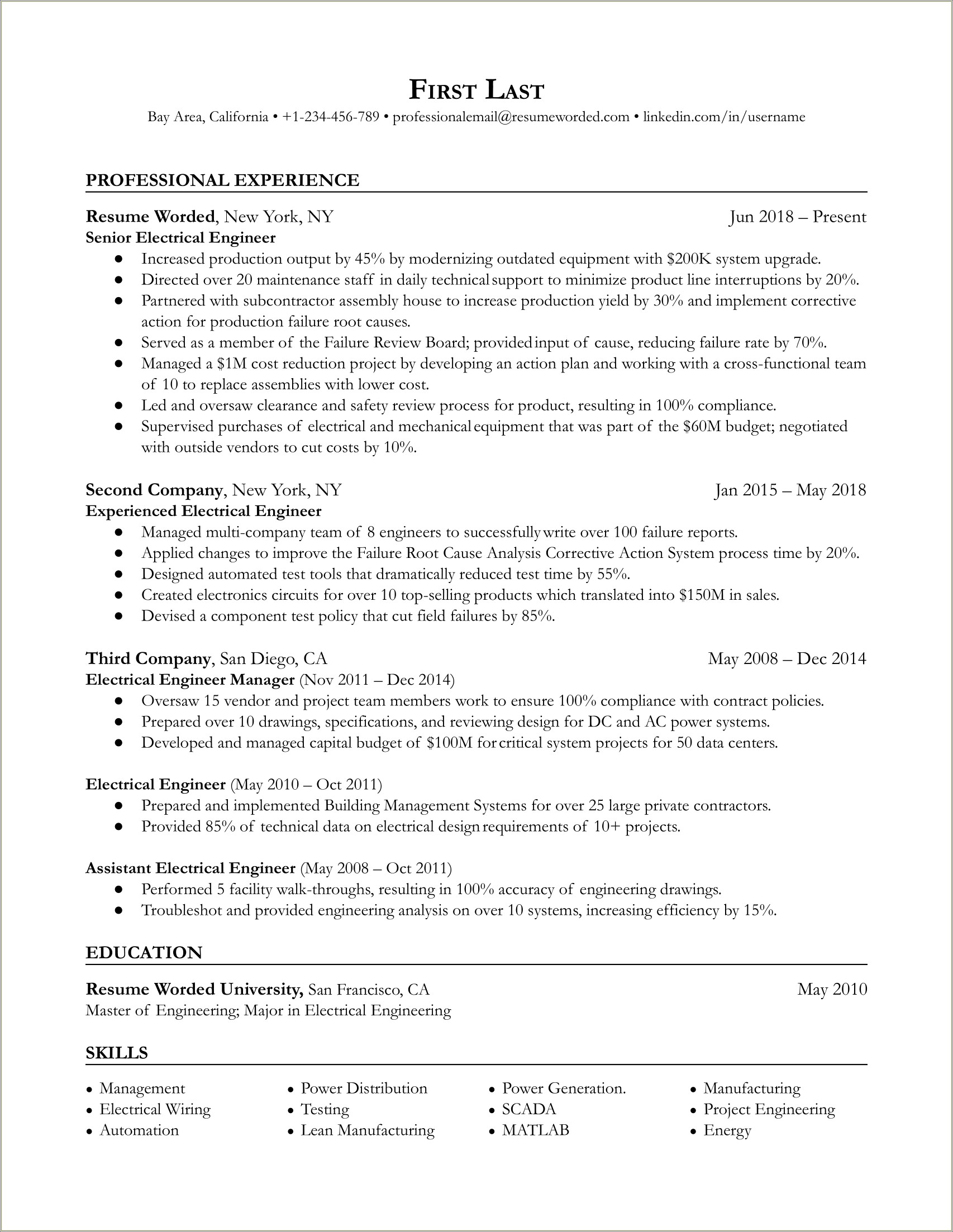 Sample Experience Summary In Resume For Engineer