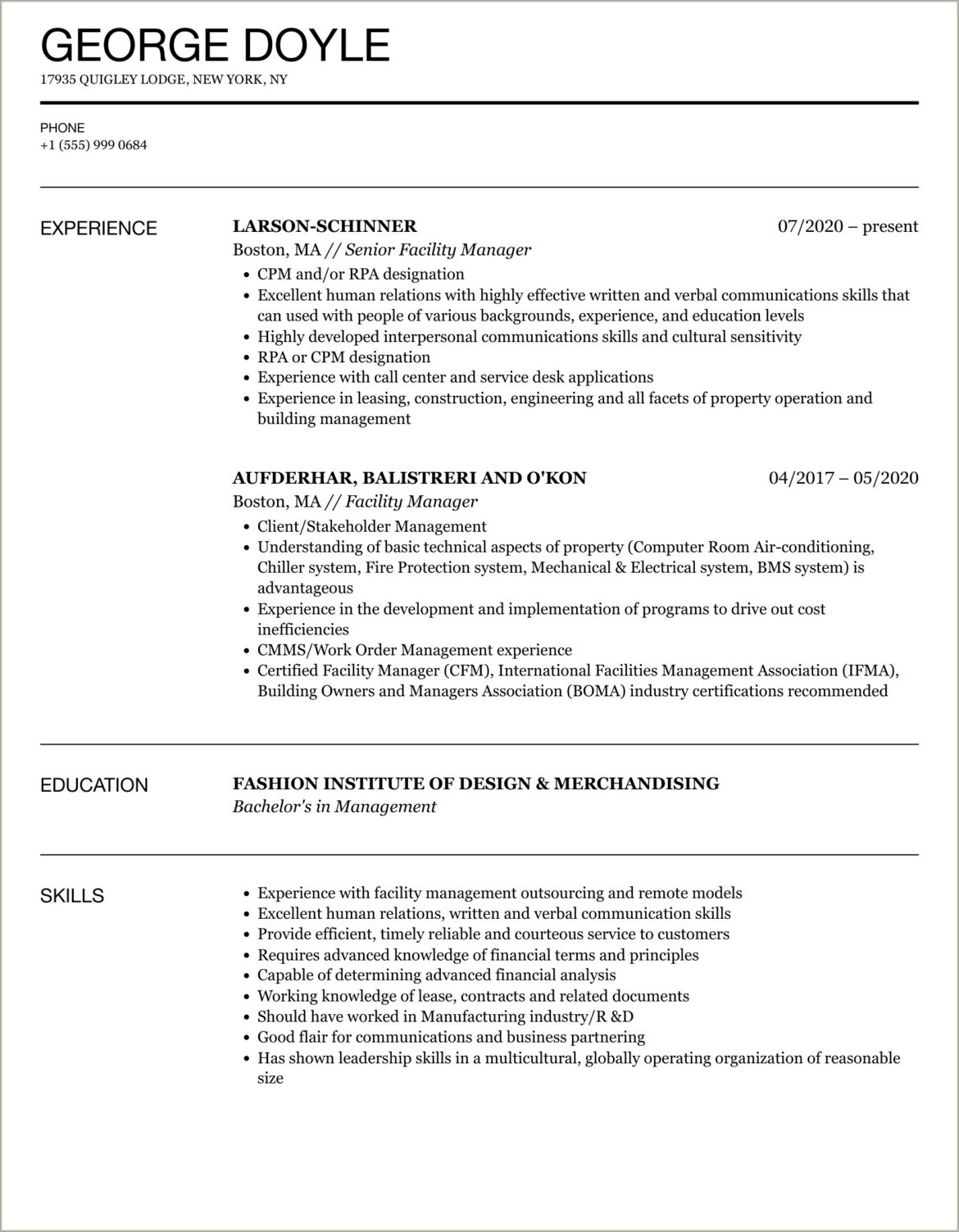 Sample Federal Facility Space Manager Resume