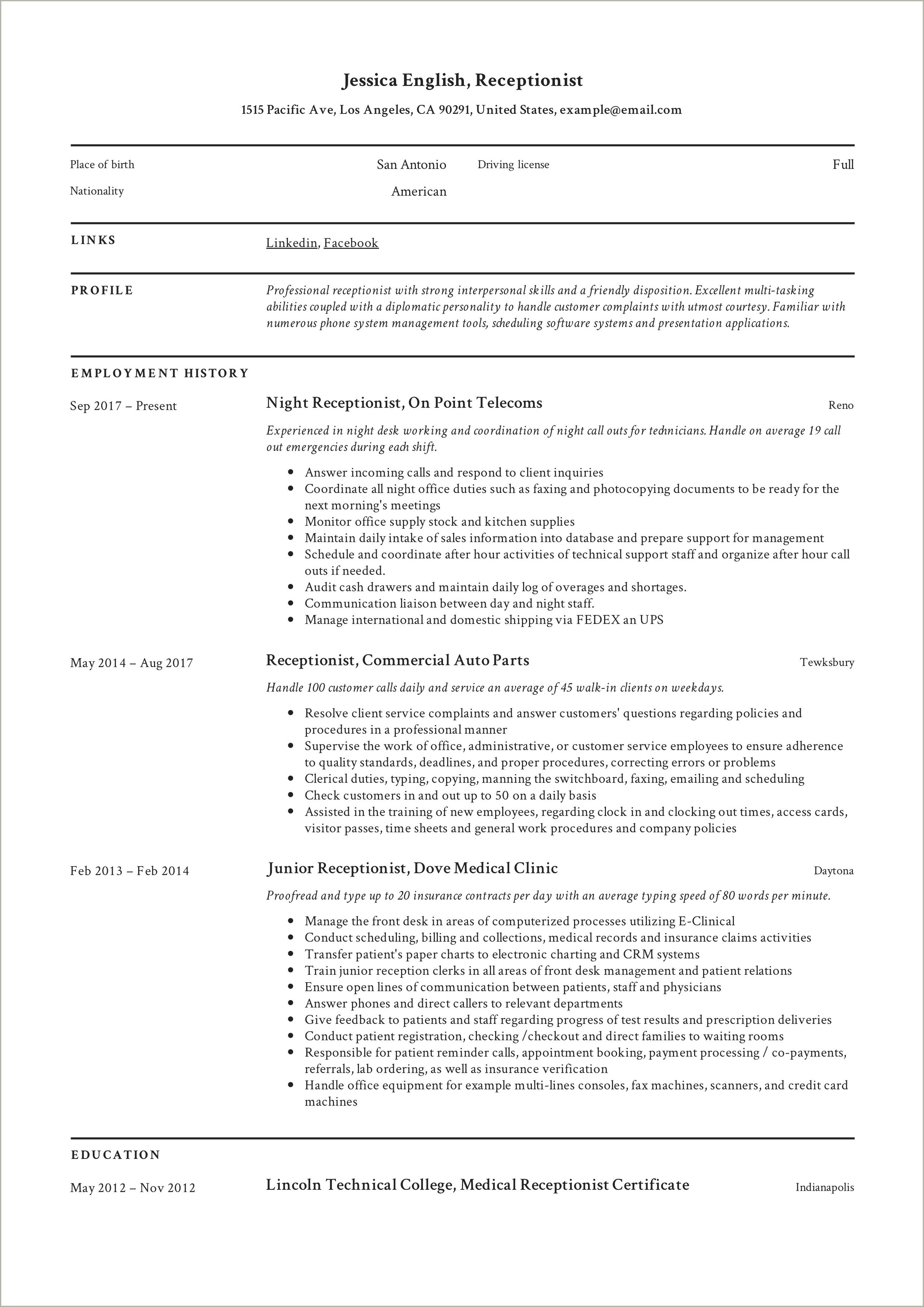 Sample Front Desk Medical Receptionist Resume