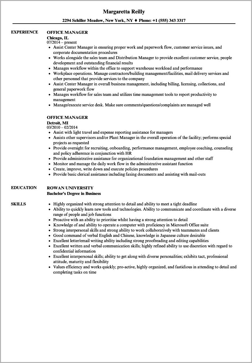 Sample Functional Resume For Office Manager