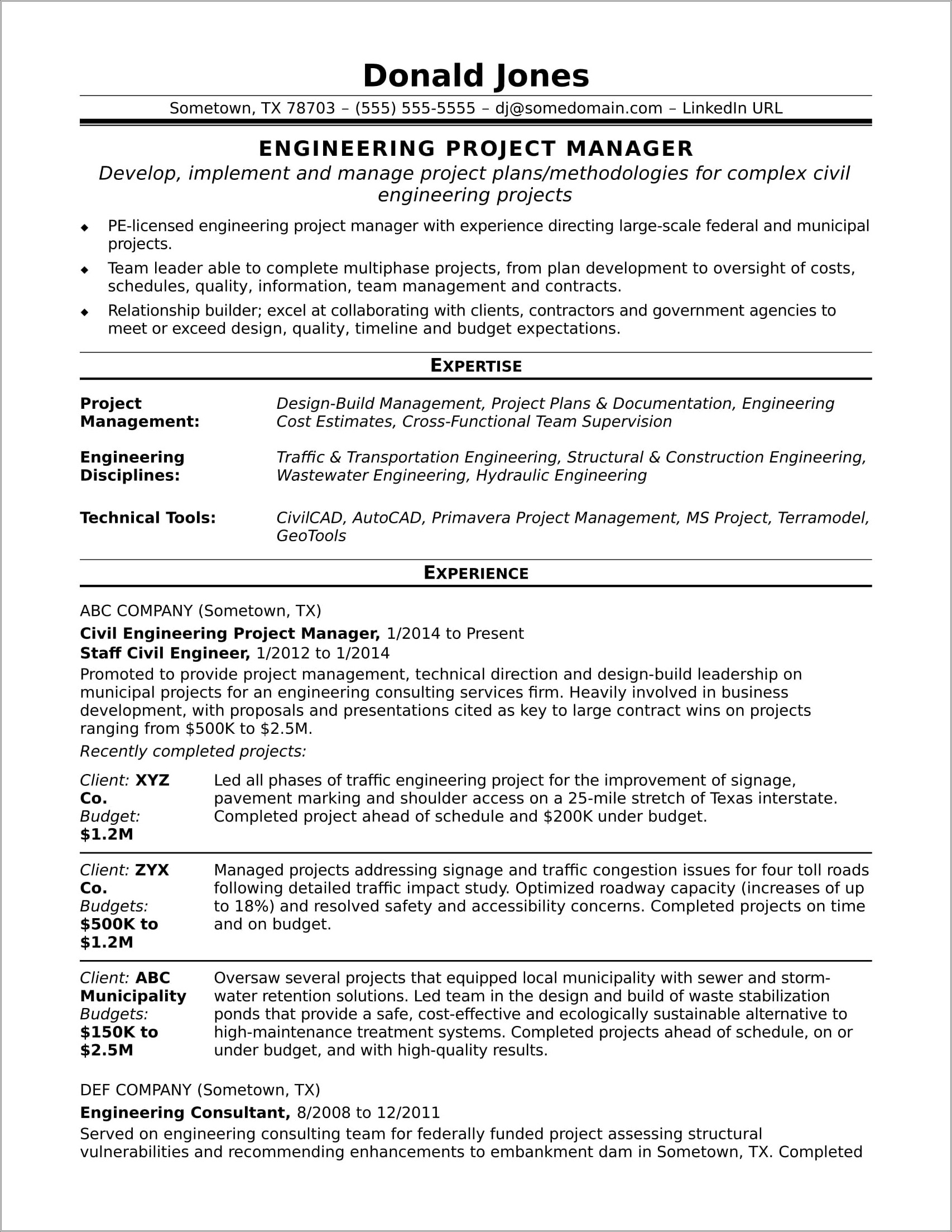 Sample Functional Resume For Project Manager