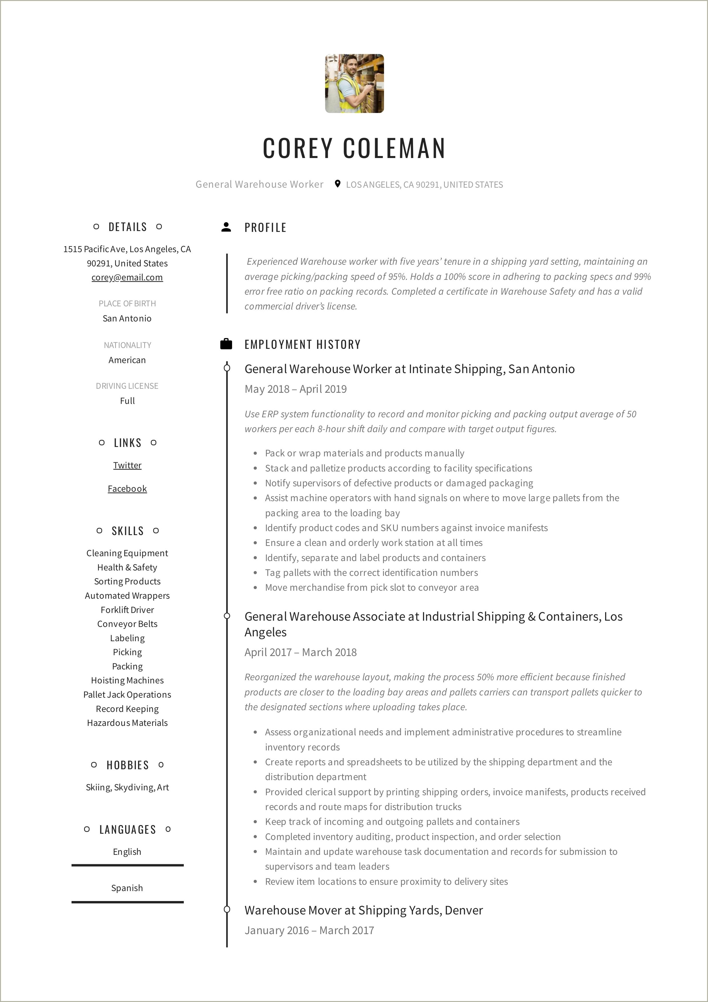 Sample Functional Resume For Warehouse Worker