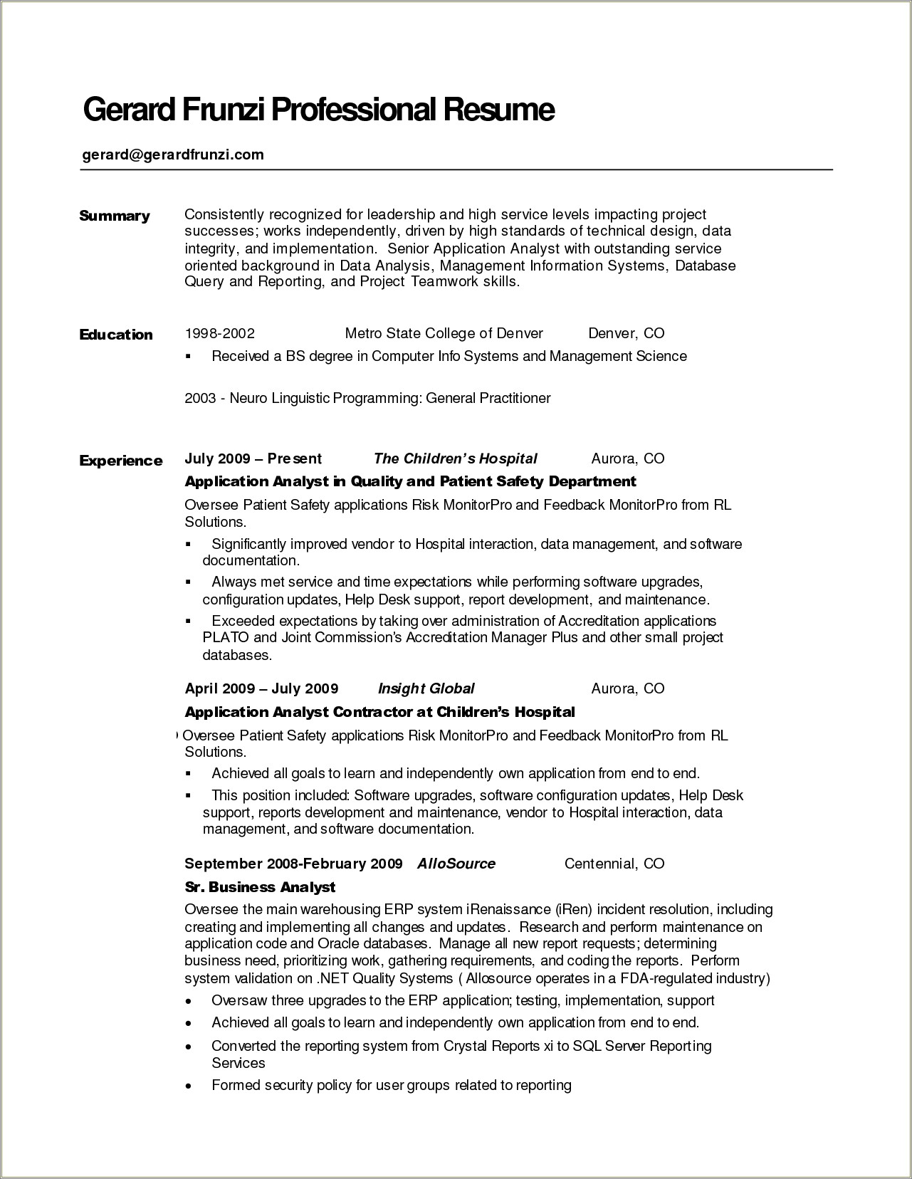 Sample General Professional Summary For Resume