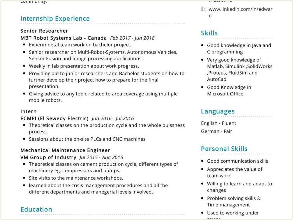 Sample Graduate Engineer Trainee Resume Mechanical Maintenance