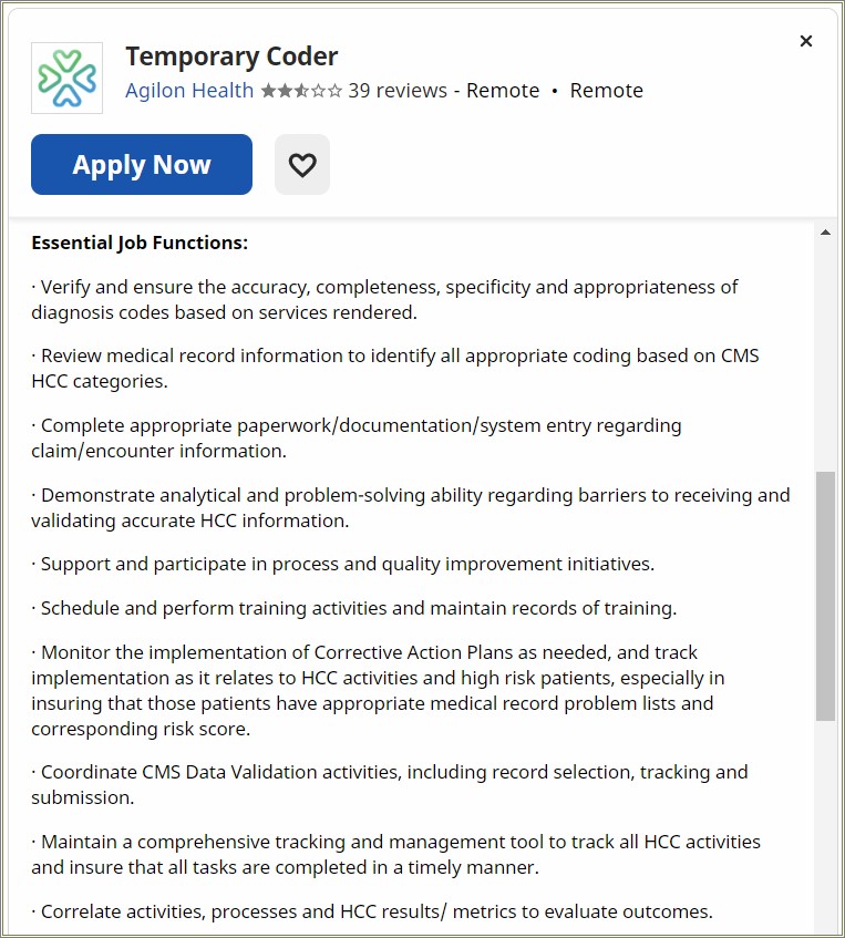 Sample Hcc Risk Adjustment Medical Coder Resume