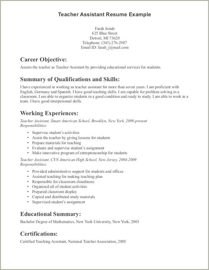 Sample Head Start Teacher Assistant Resume