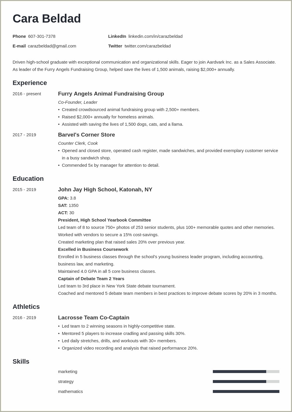 Sample High School Athletic Resume For College
