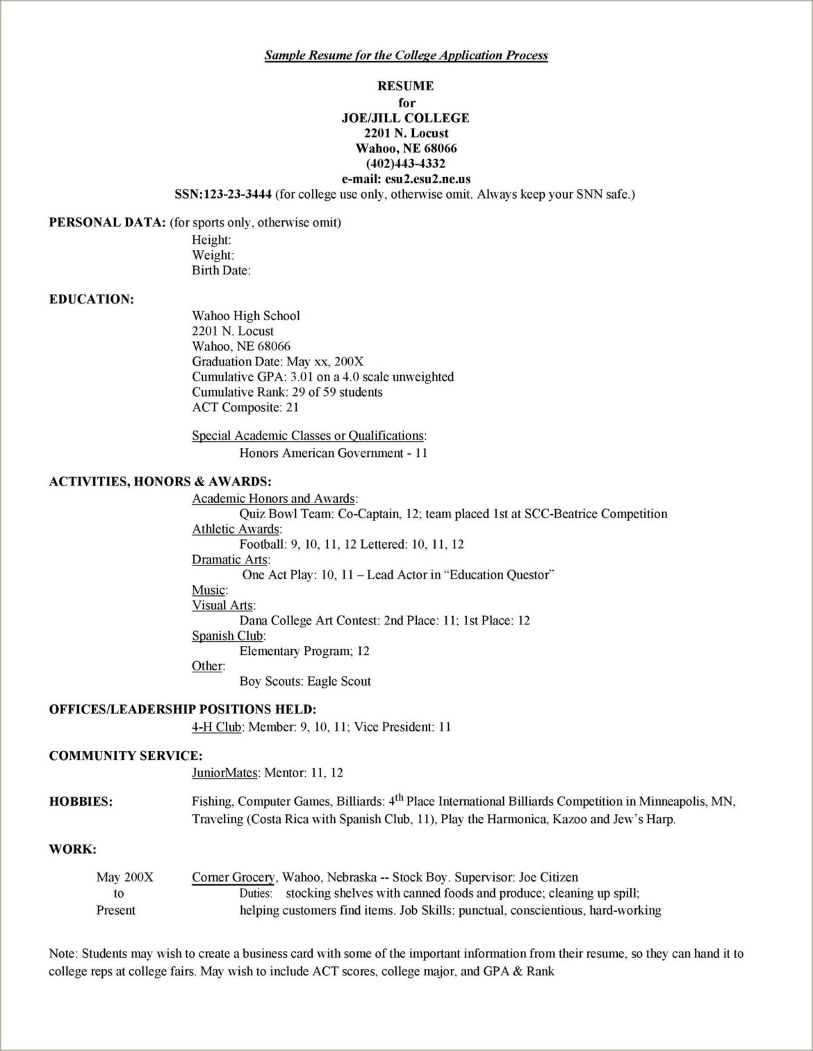 Sample High School College Application Resume