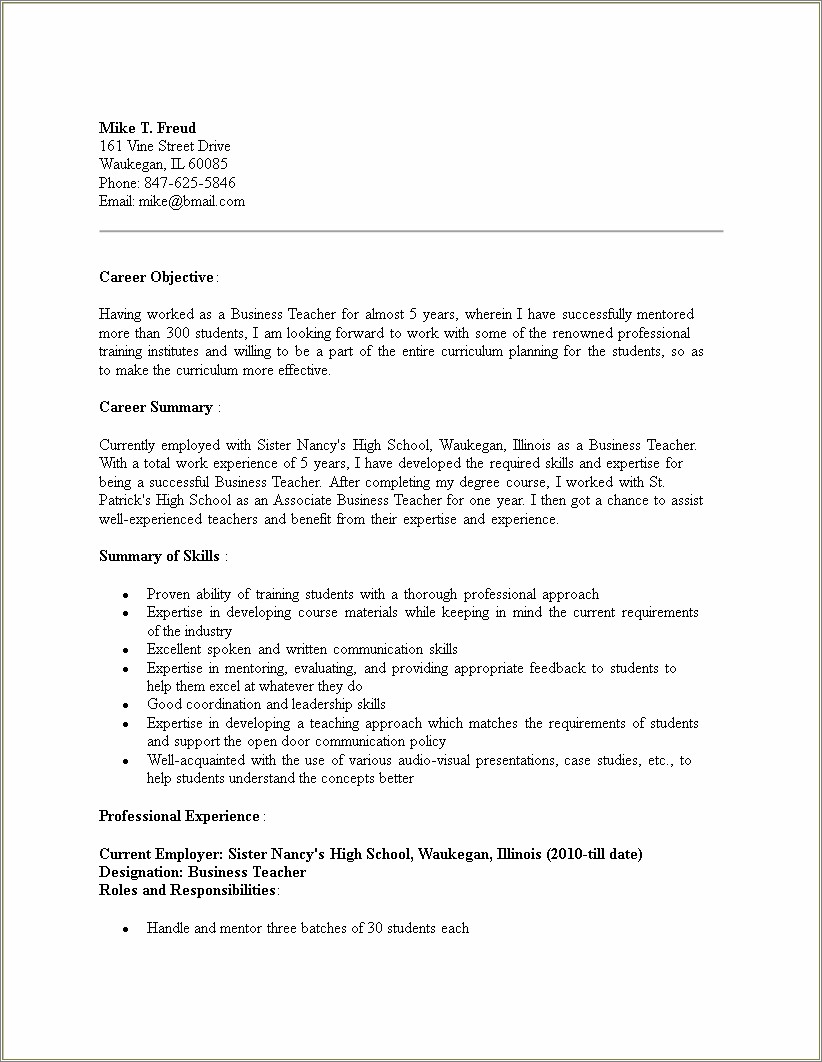 Sample High School Resume Career Objective