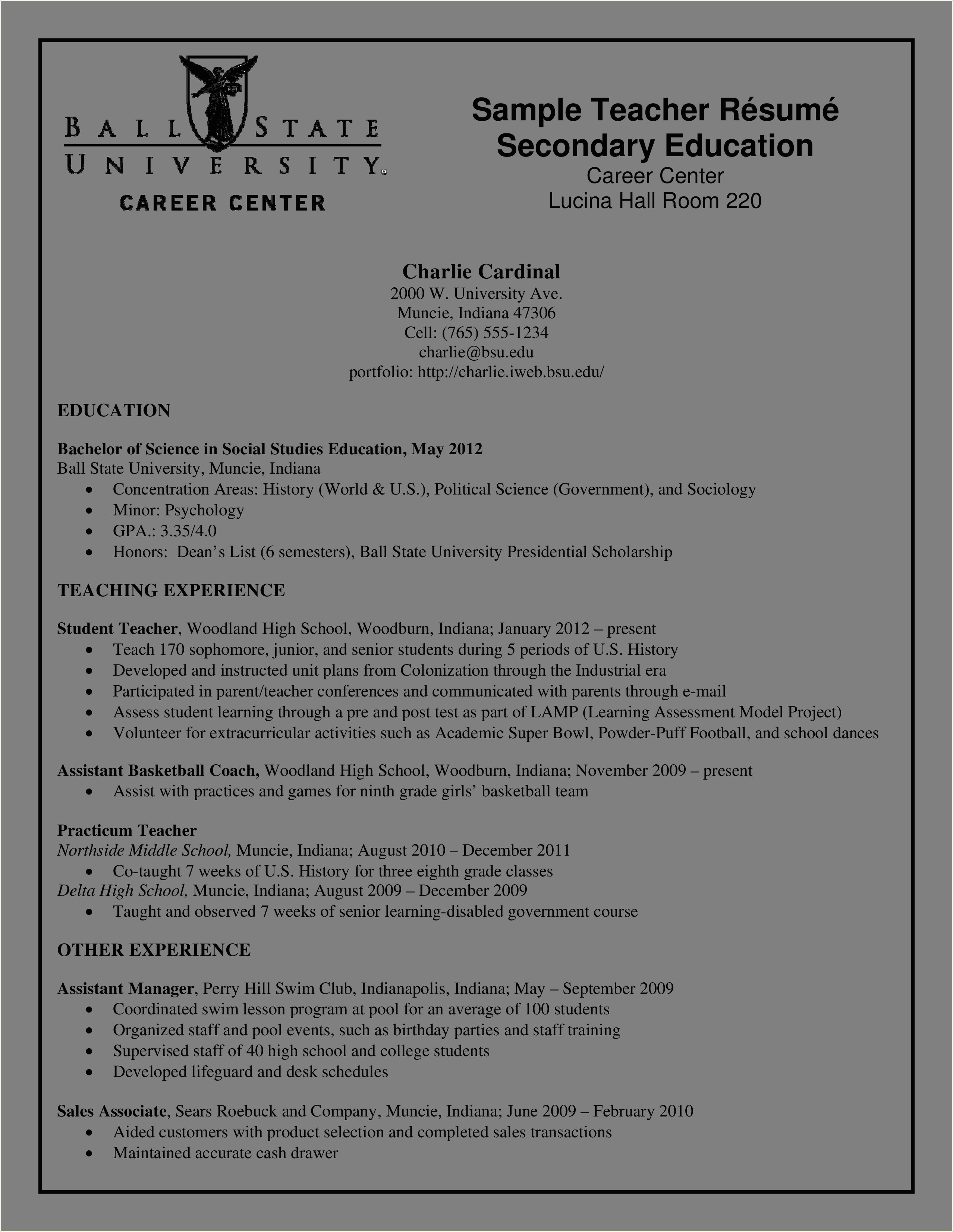 Sample High School Science Teacher Resume