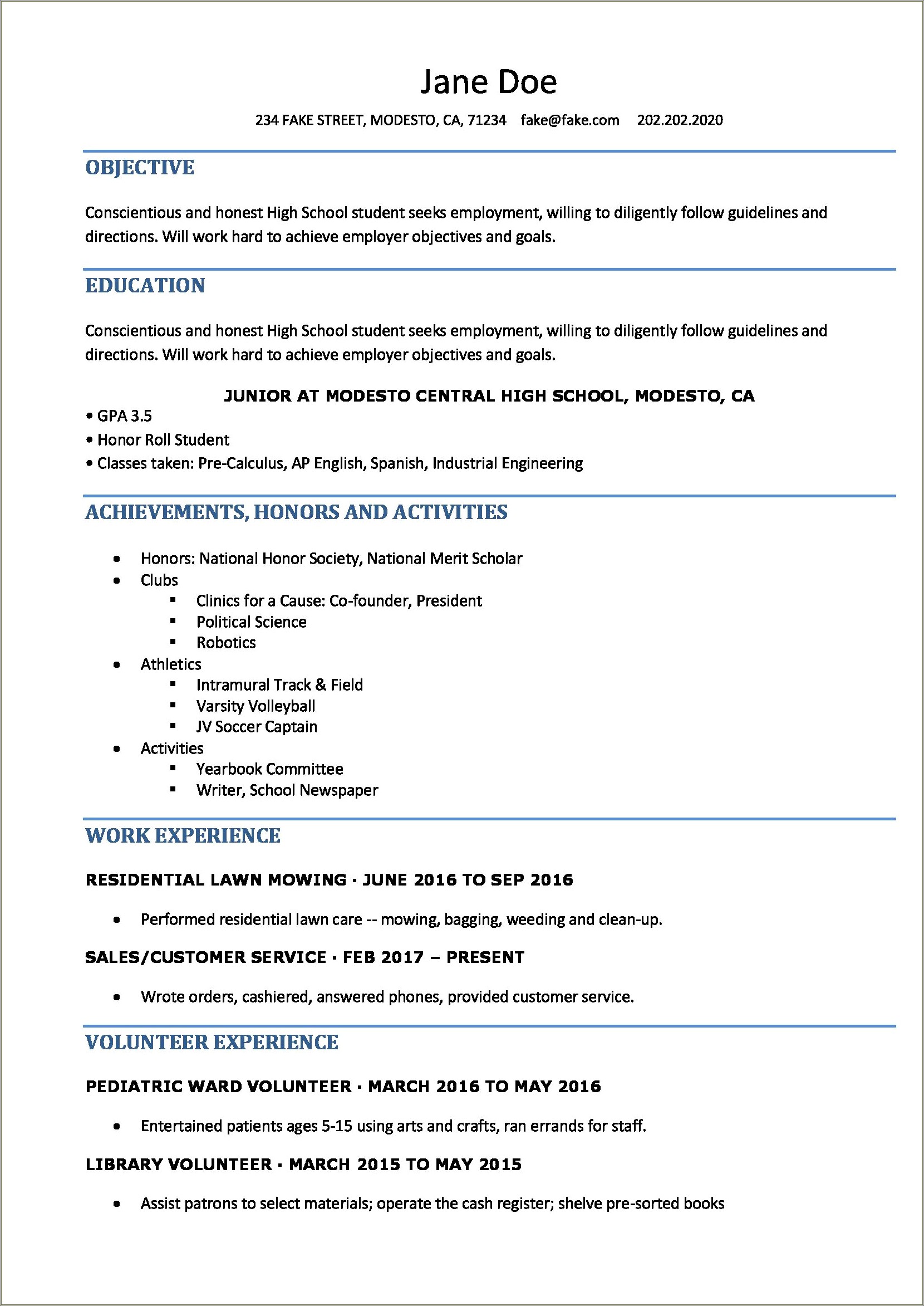 Sample High School Student Resume 2019