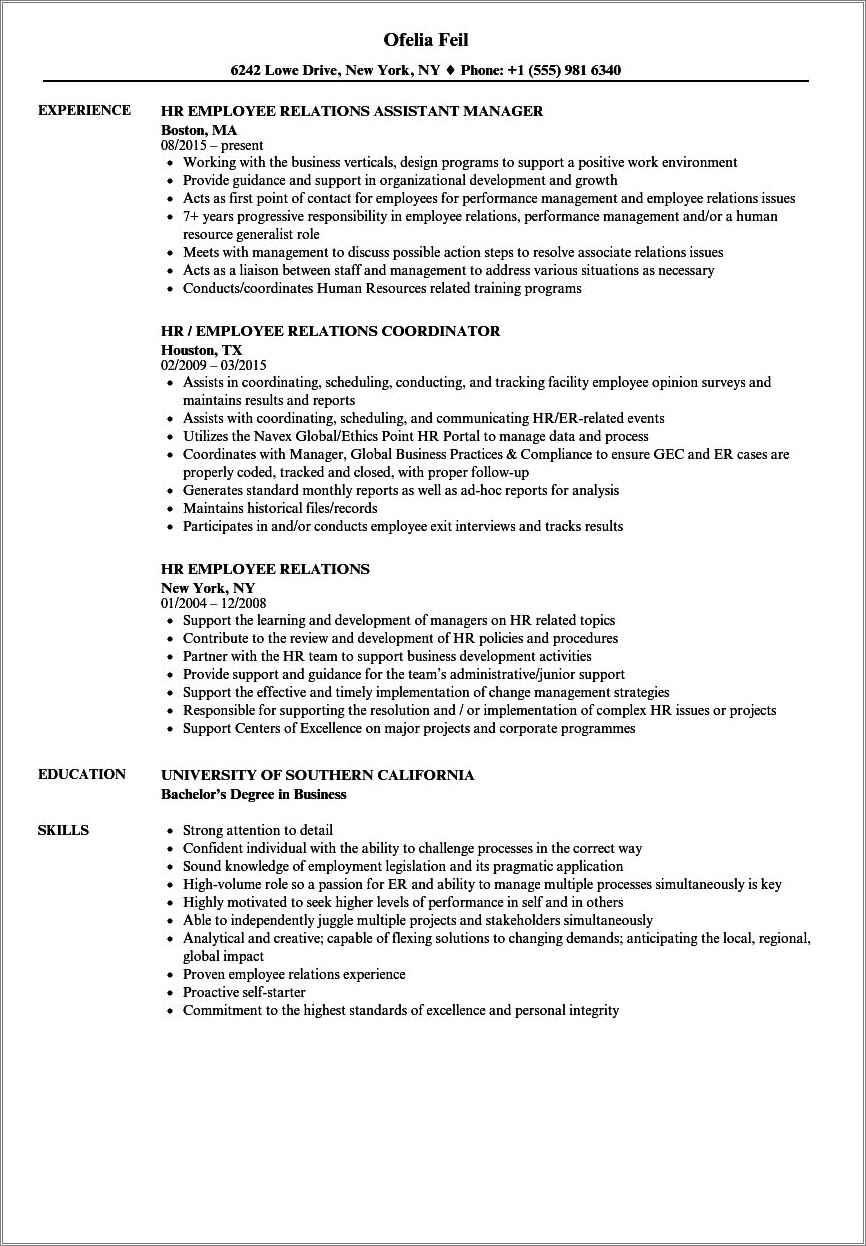 Sample Hr Manager Resume Employee Relations