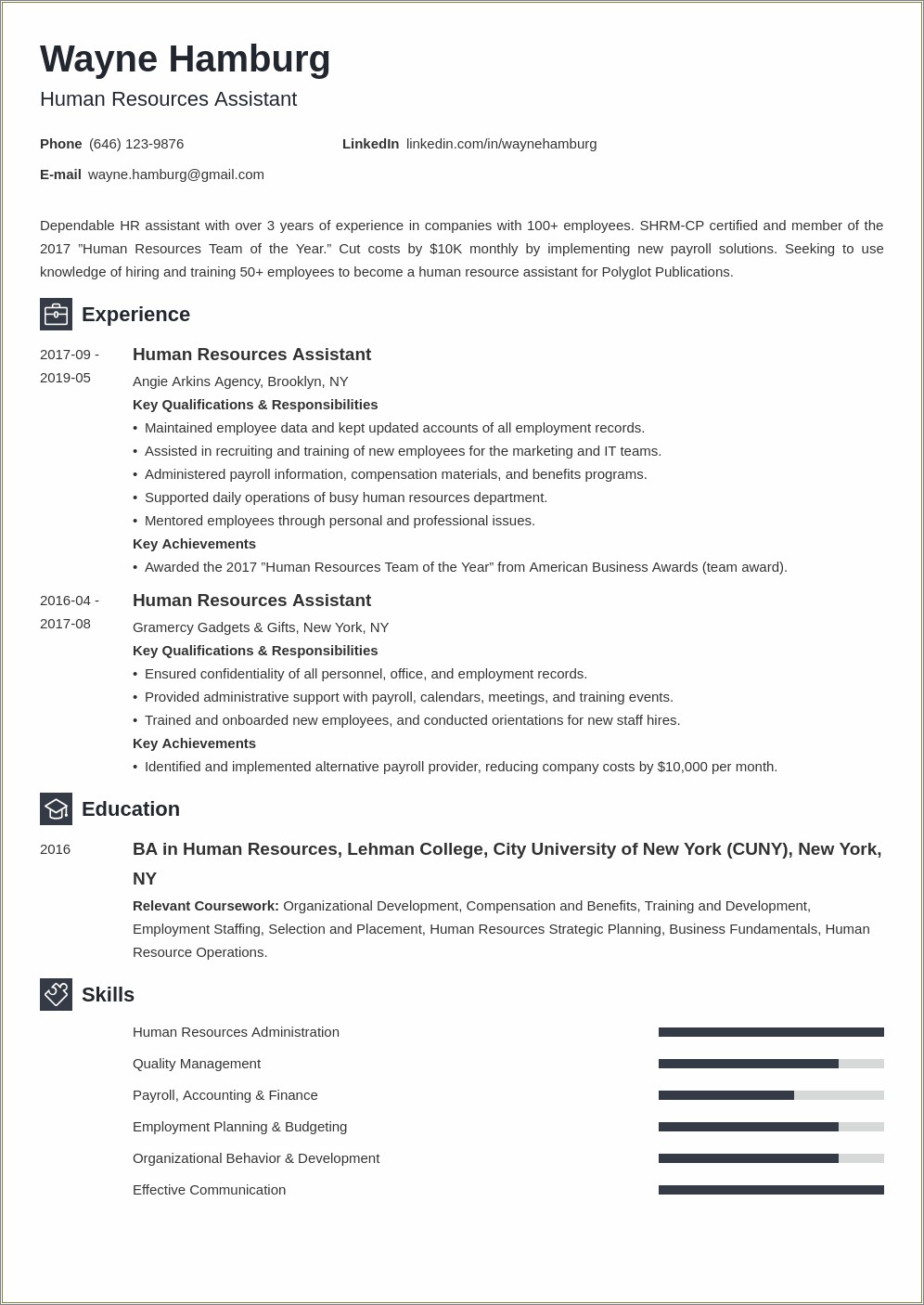 Sample Hr Resume With Union Experience