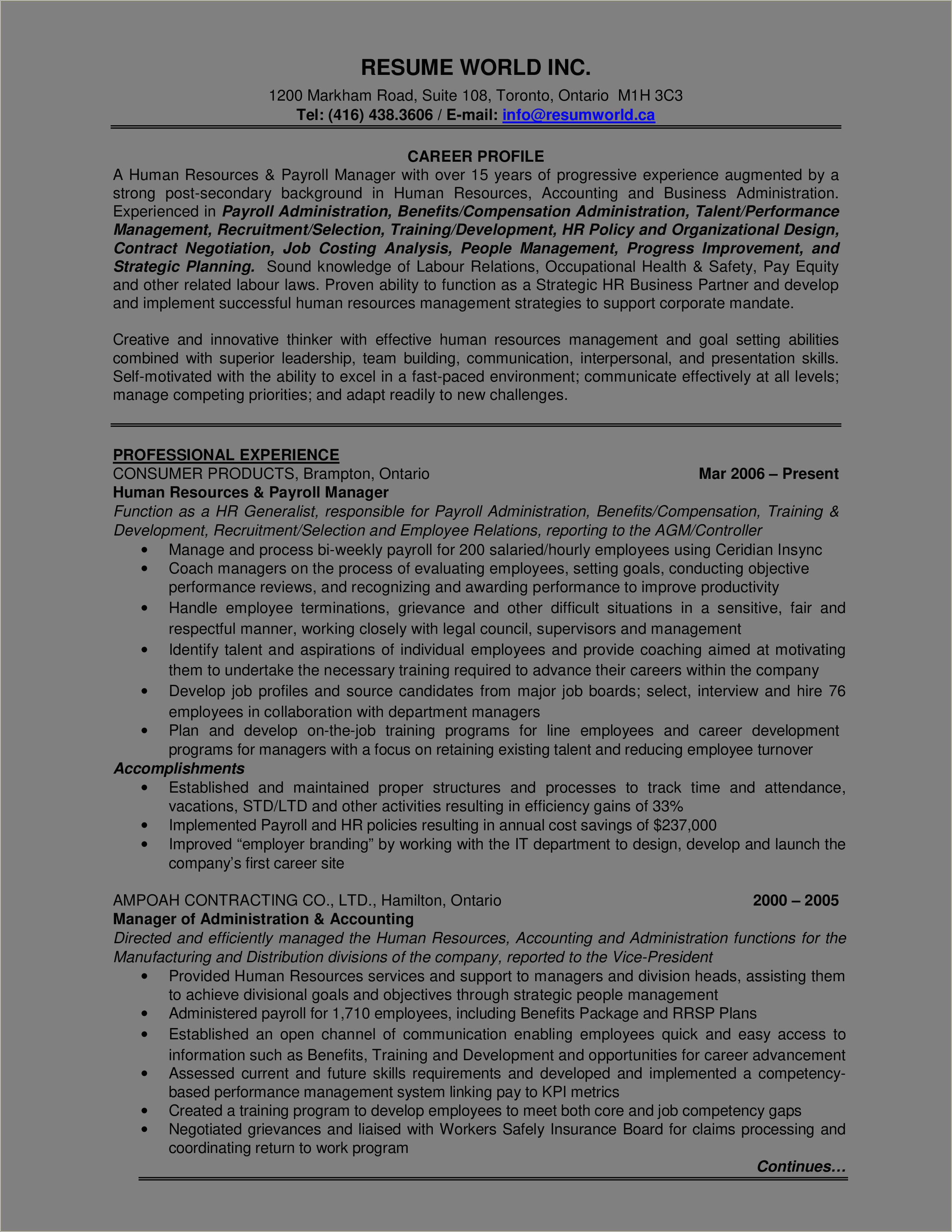 Sample Hr Resumes For Hr Executive