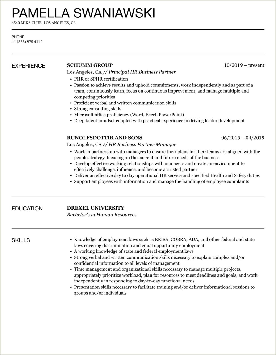 Sample Human Resources Business Partner Resume