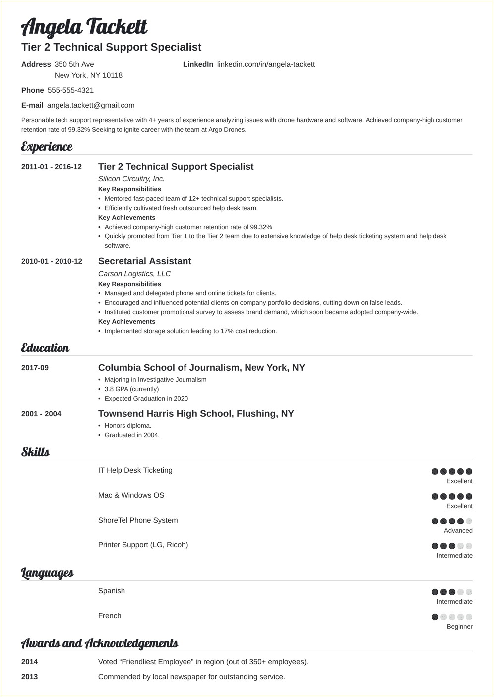 Sample It Help Desk Resume Simmary Statement