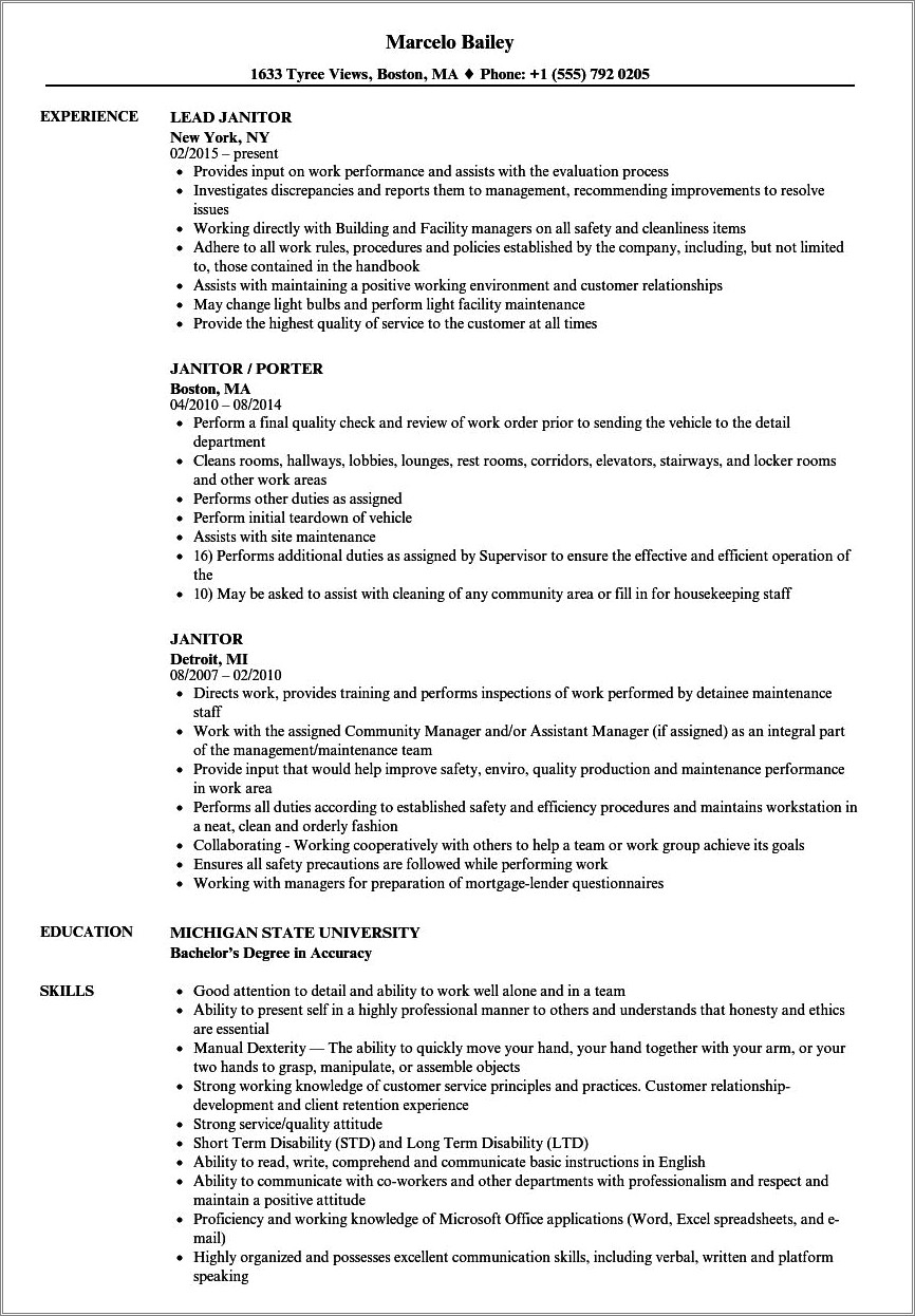 Sample Janitor Job Description For Resume