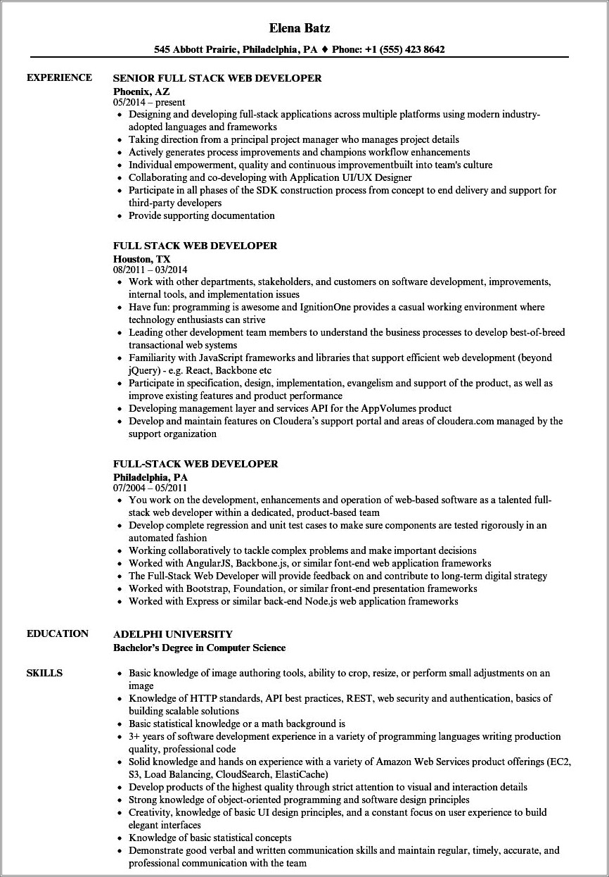 Sample Java Full Stack Developer Resume