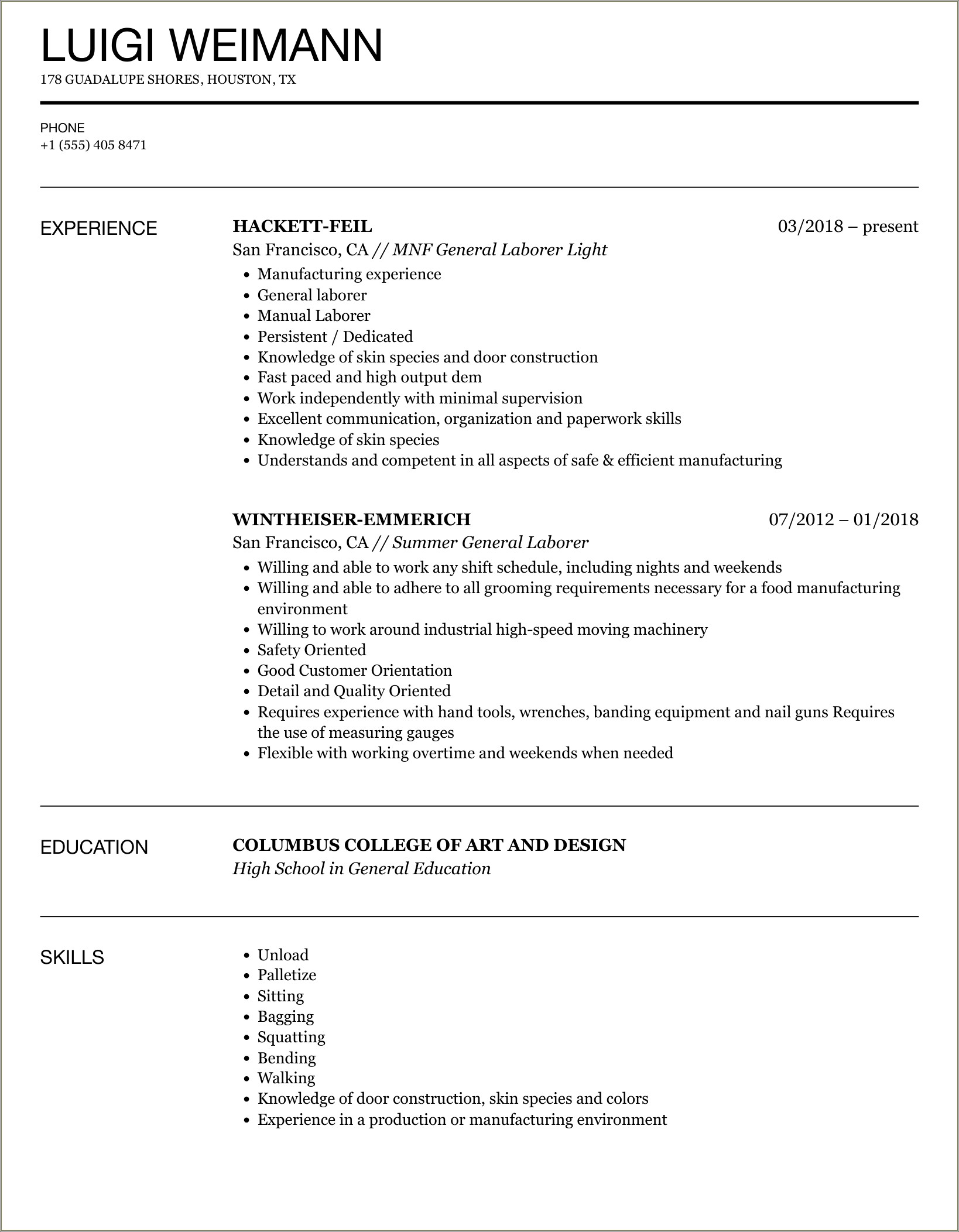 Sample Job Objectives For General Laborer Resume