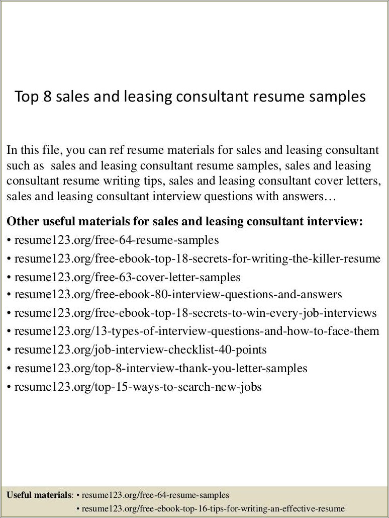 Sample Leasing Consultant Resume Cover Letter