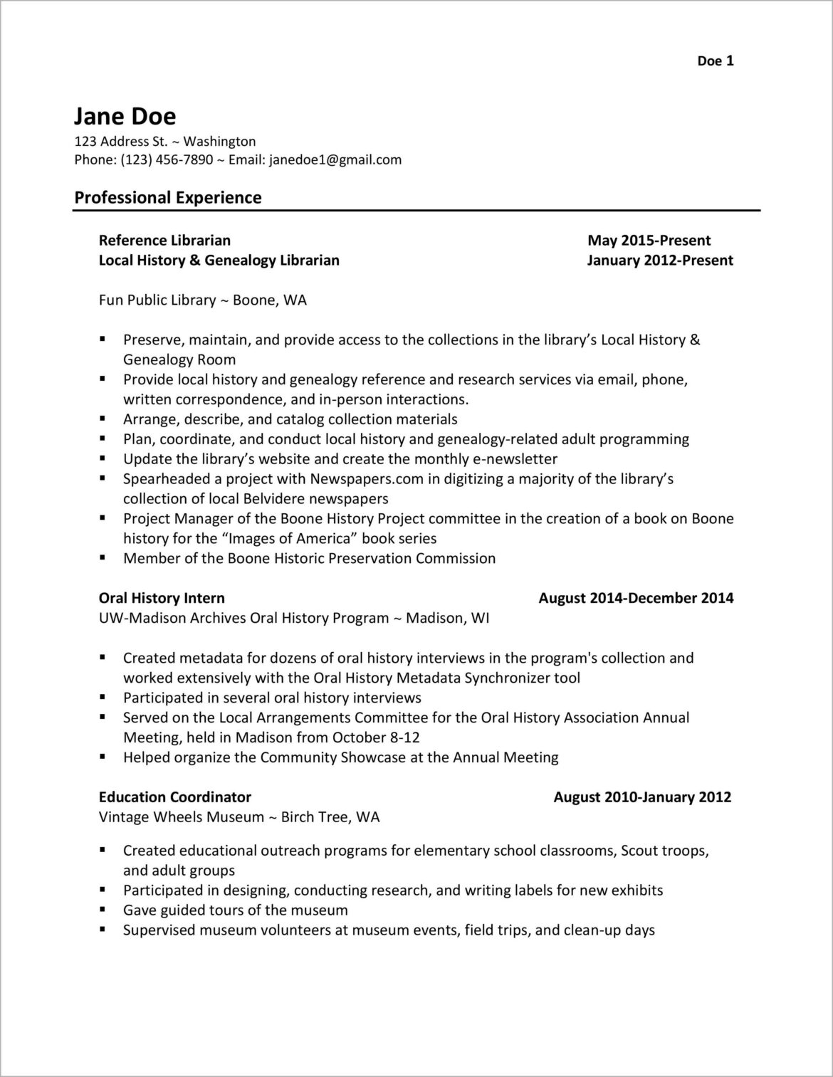 Sample Librarian Resume With A Blog