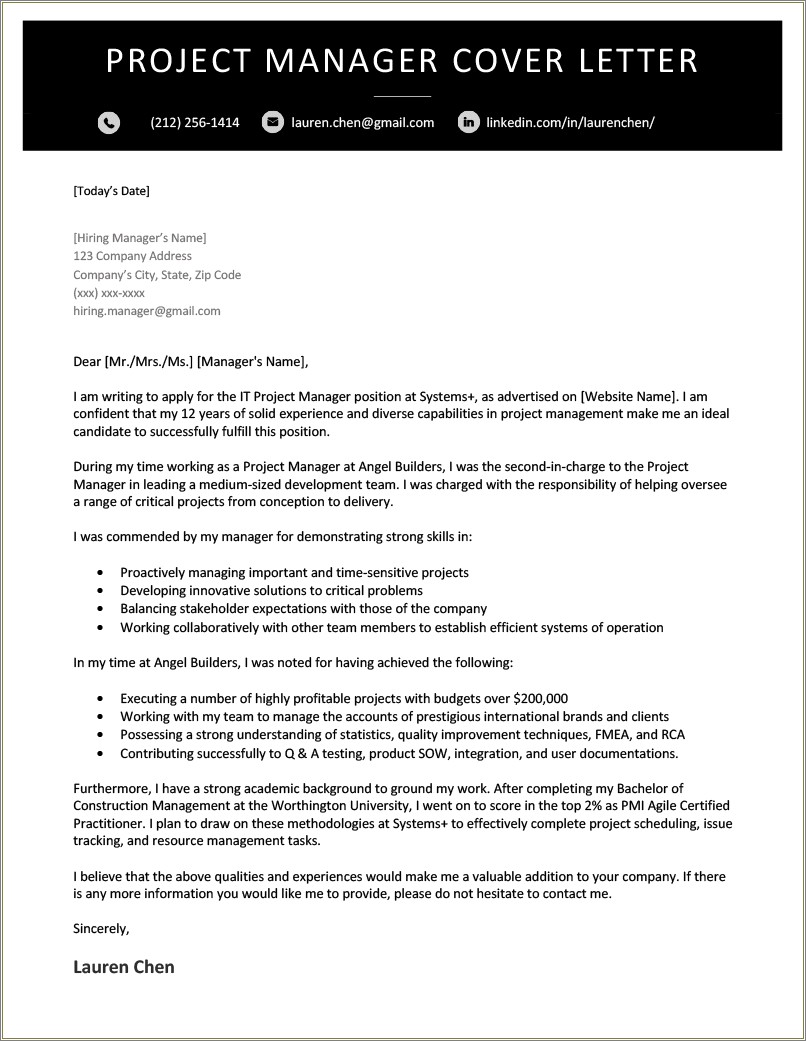 Sample Manager Cover Letter For Resume