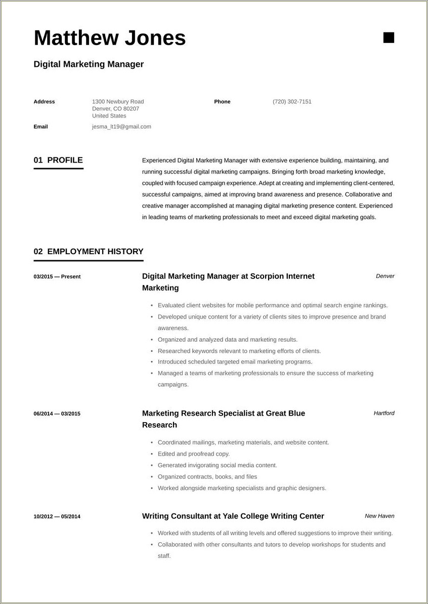 Sample Marketing Resume 1 Year Experience
