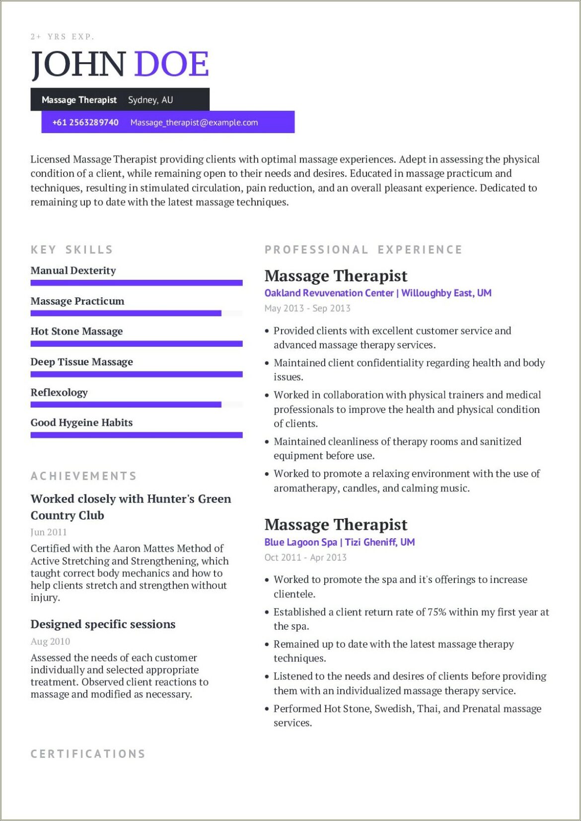 Sample Massage Therapist Resume No Experience