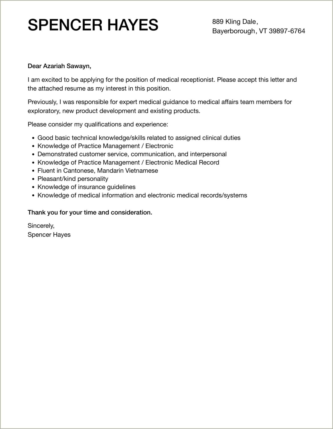 Sample Medical Receptionist Resume Cover Letter