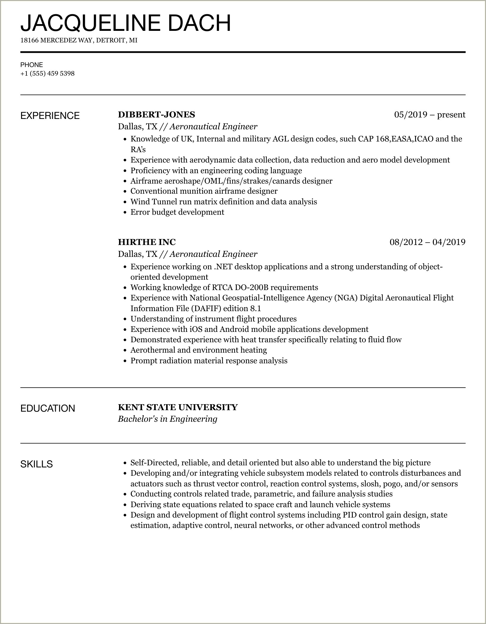 Sample Mid Levevl Aeronautical Engineering Resume