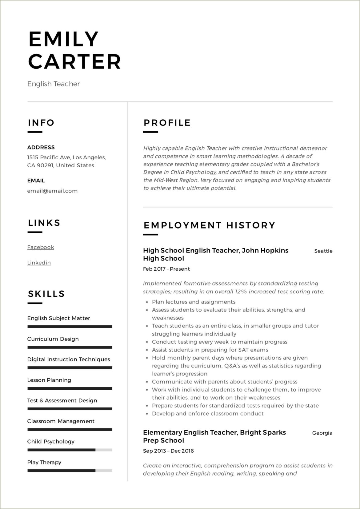 Sample Middle School English Teacher Resume