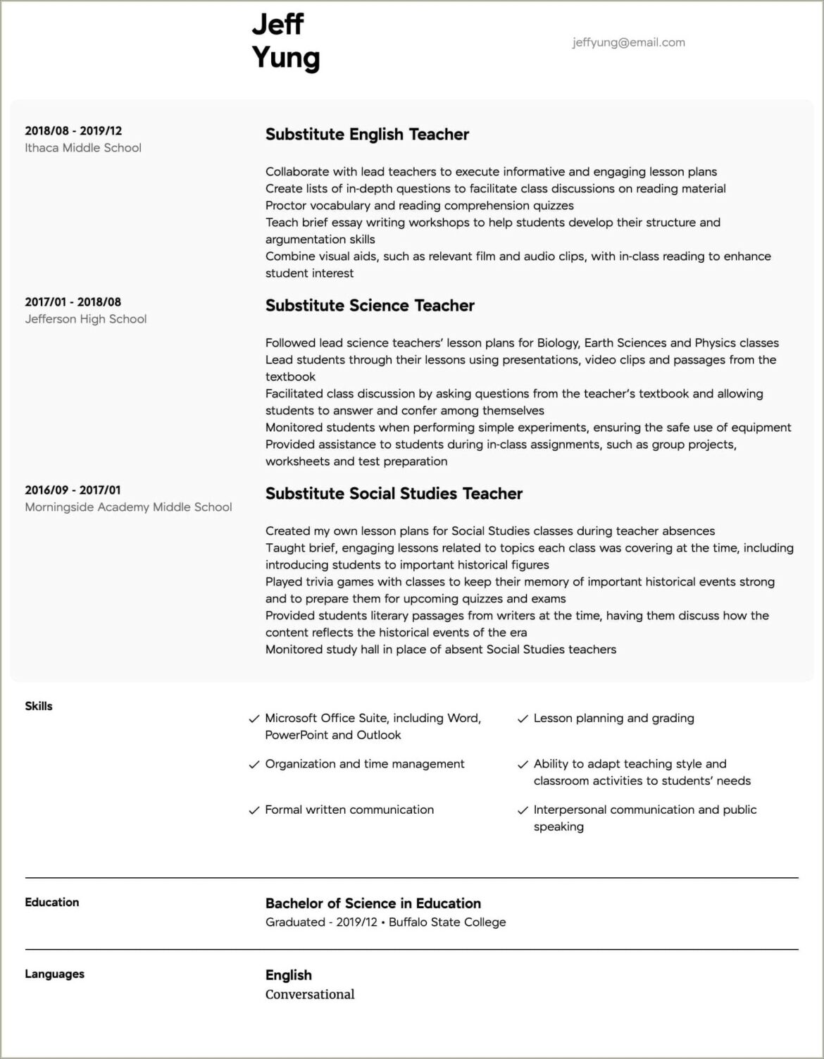 Sample Middle School Science Teacher Resume