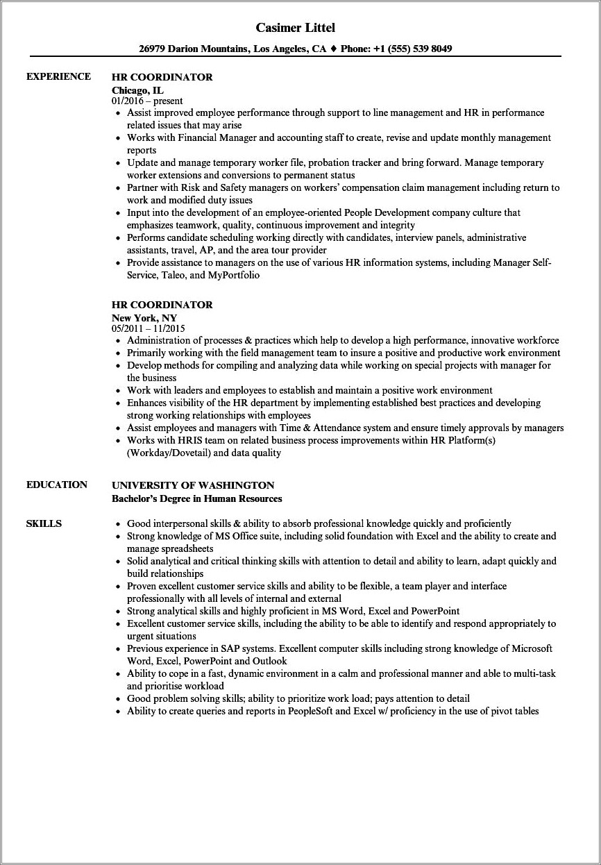 Sample Objective For Hr Coordinator Resume