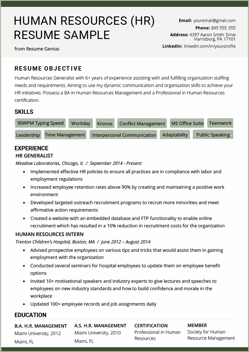 Sample Objective For Hr Manager Resume