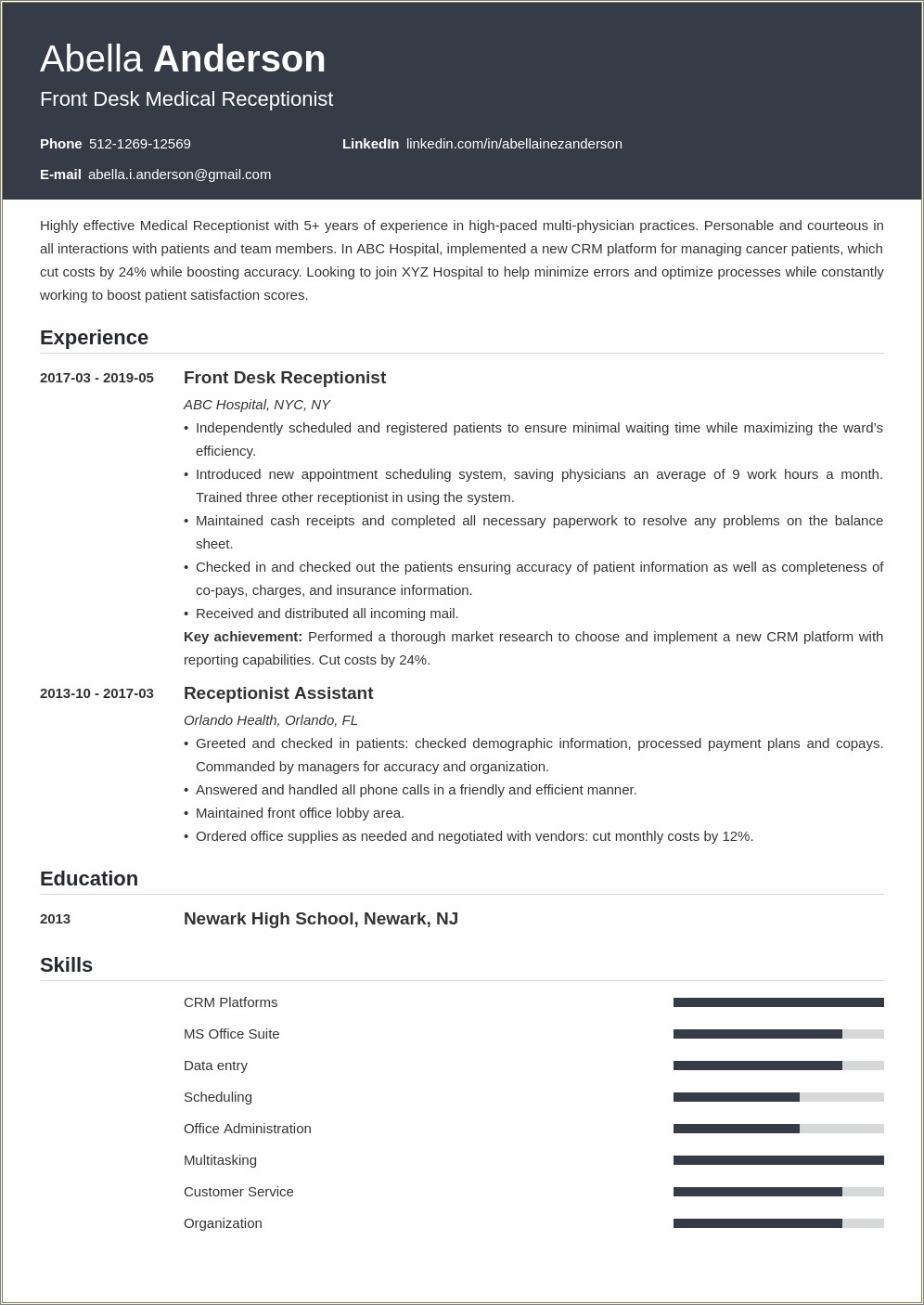 Sample Objective For Medical Receptionist Resume