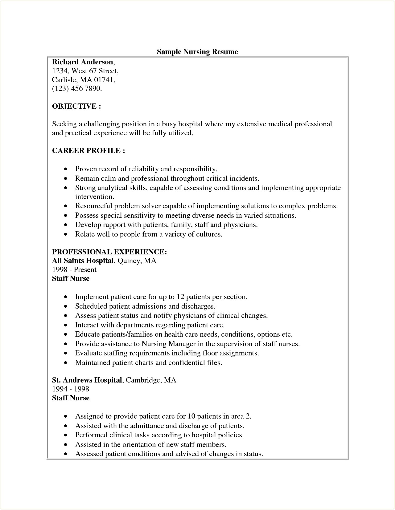 Sample Objective For Nursing Assistant Resume
