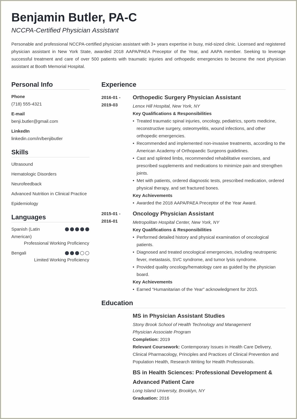 Sample Objective For Pa School Resume