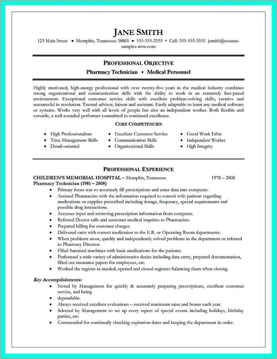 Sample Objective For Pharmacy Technician Resume
