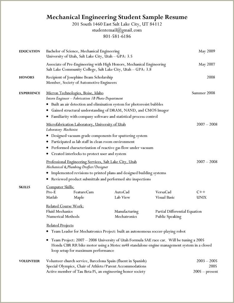 Sample Objective For Resume College Student