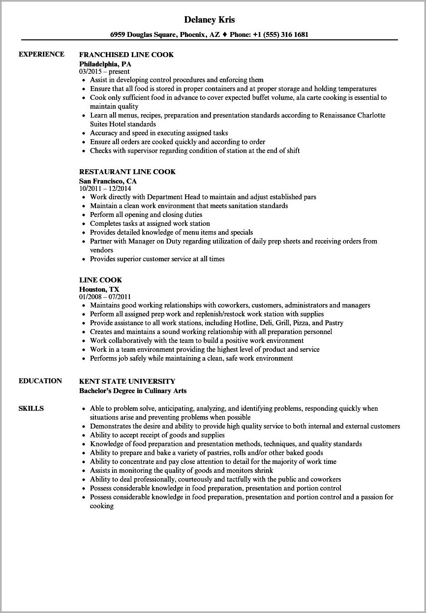 Sample Objective For Resume Cook Position