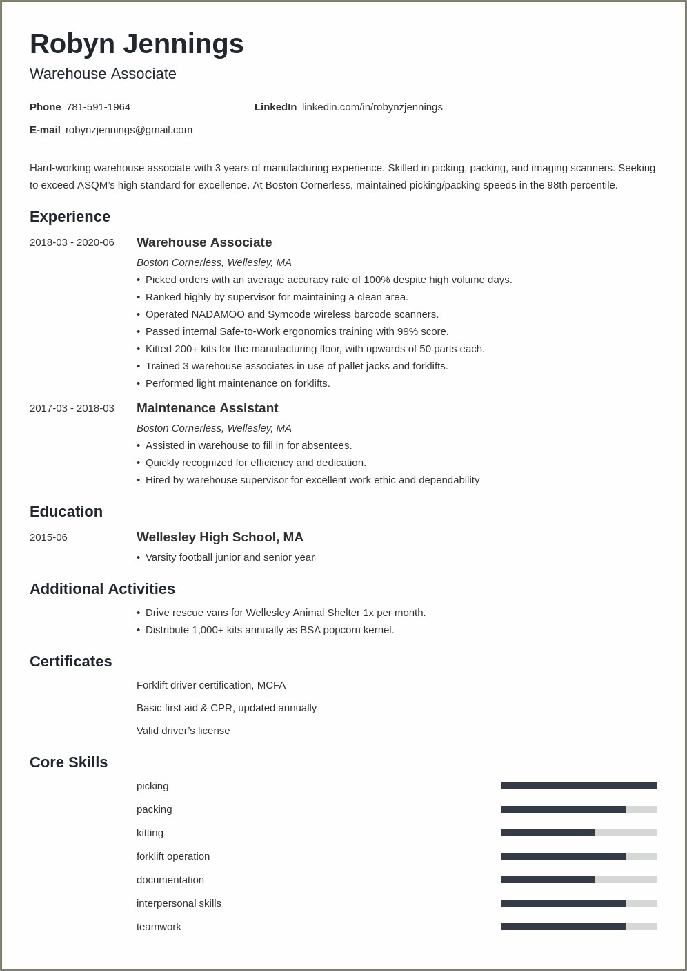 Sample Objective For Resume For Warehouse Associate